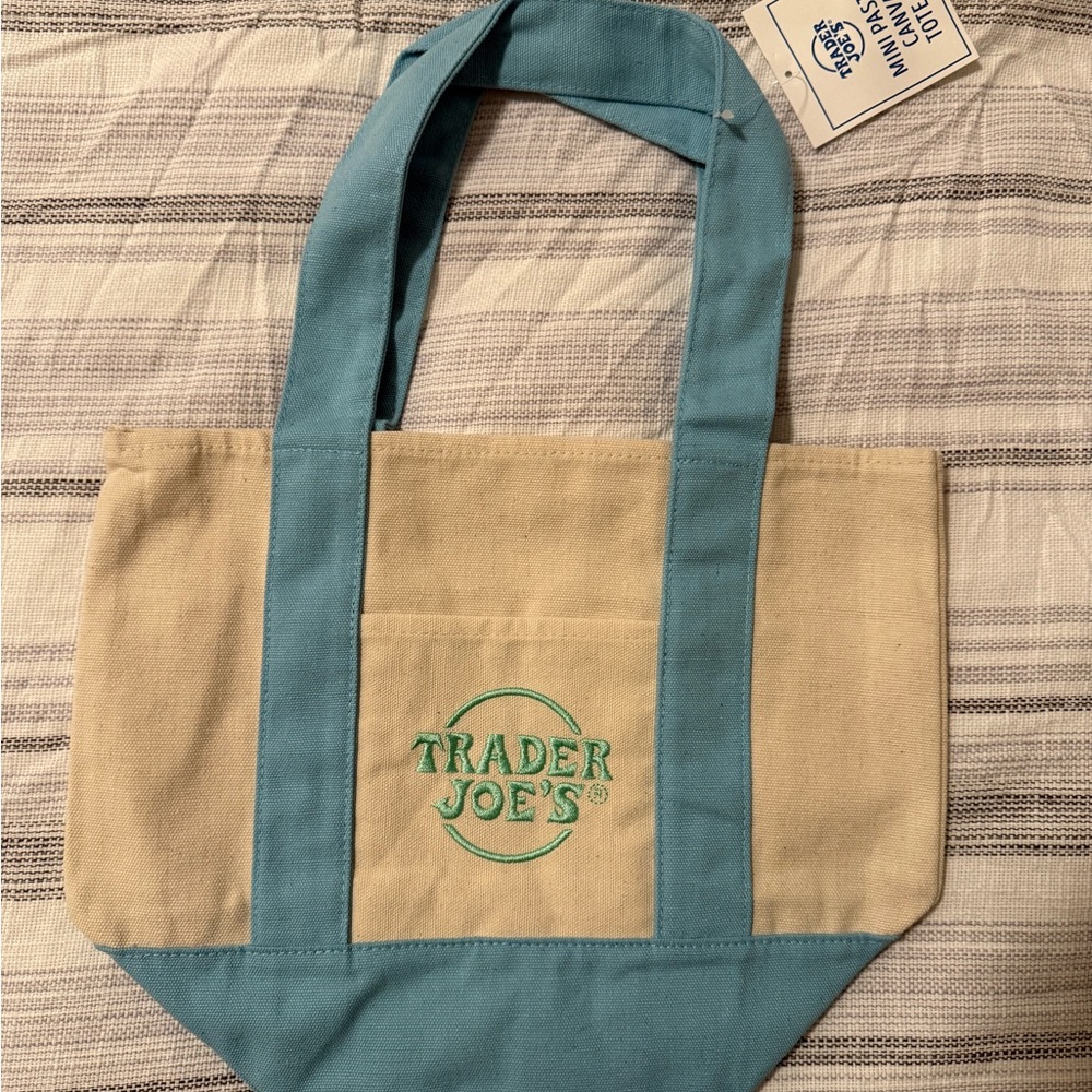 Trader Joe's Natural Canvas Mini Tote with Light Blue Handles